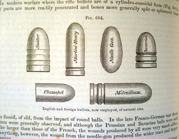 woodcut illustration of bullets used in war